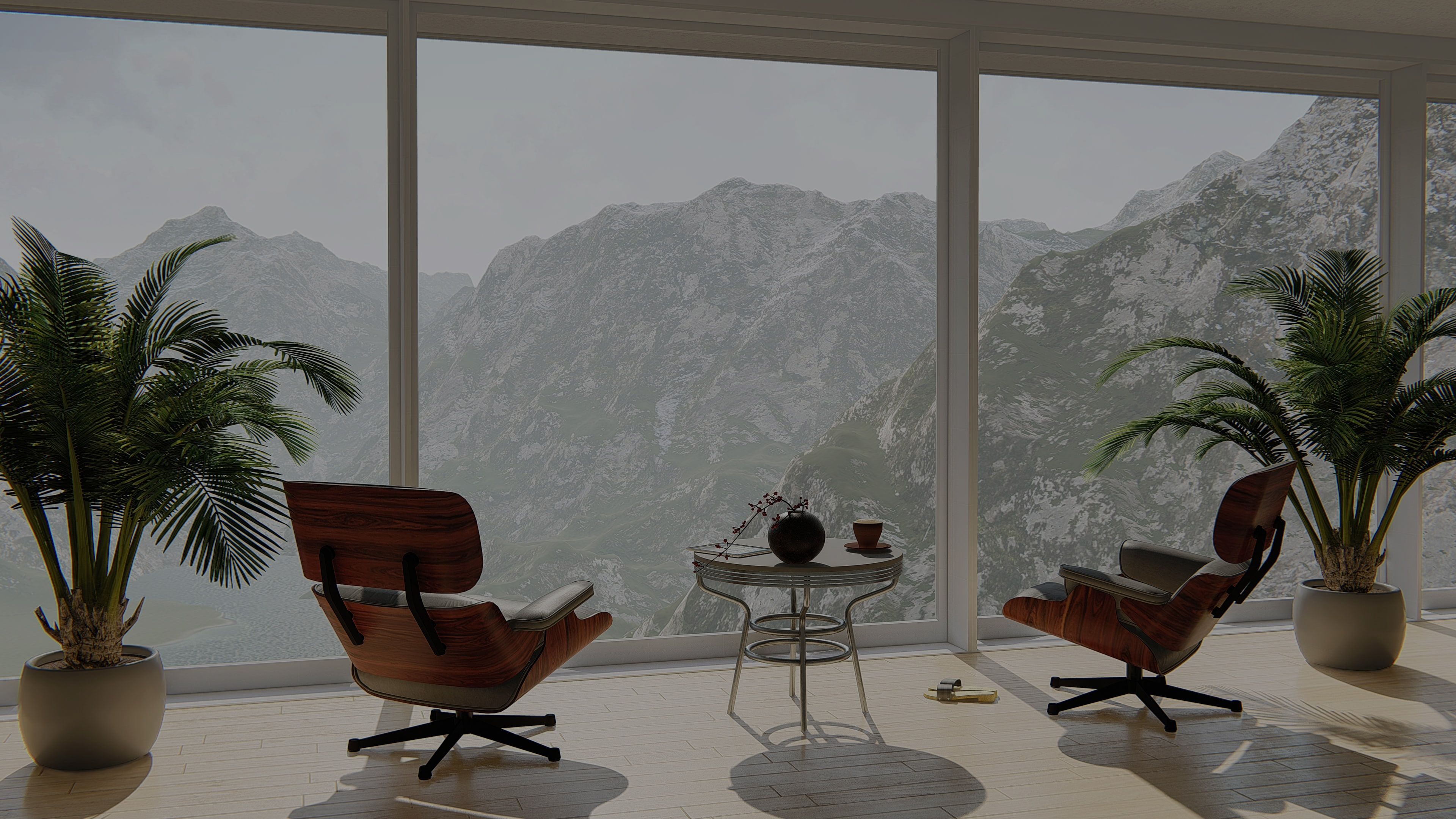 Large windows bringing mountain views into a bright living space