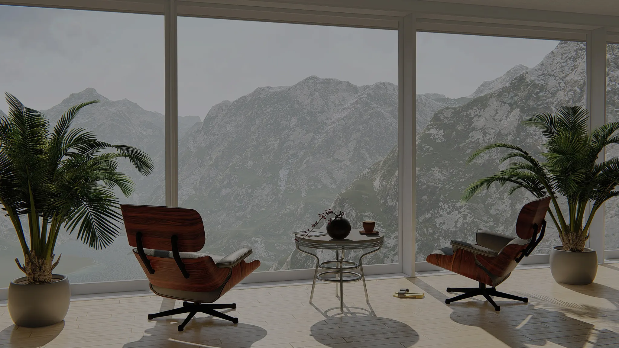 Large windows bringing mountain views into a bright living space